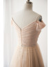 Off Shoulder Blush Lace Champagne Tulle Bridesmaid Dress